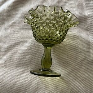 Fenton Green Pedestal Candy Dish Thumbprint Hobnail Ruffled Vintage Glass